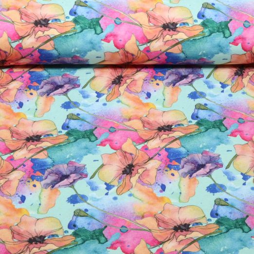 Bambus Viskosejersey - Digital Blüten Aquarell Mint Bambus Viskosejersey - Digital Blüten Aquarell Mint