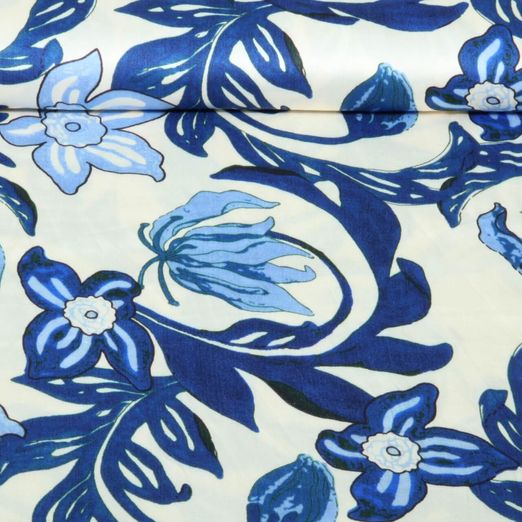 Viskose-Satin - Digital Große Blätter Blüten Ecru Kobalt Viskose-Satin - Digital Große Blätter Blüten Ecru Kobalt