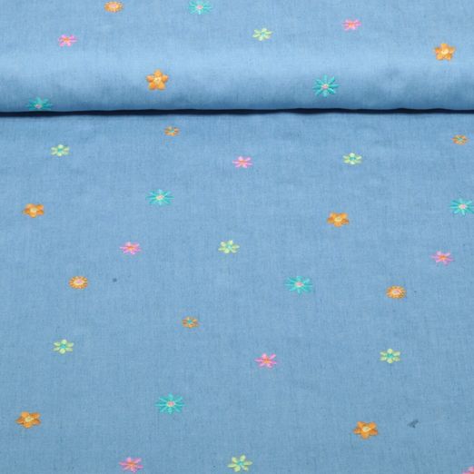 Tissu jeans pour blouses - Multicolore brodé Bleu clair Tissu jeans pour blouses - Multicolore brodé Bleu clair