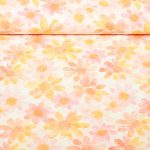 Voile de coton - fleurs Plumetis Ecru Orange Voile de coton - fleurs Plumetis Ecru Orange