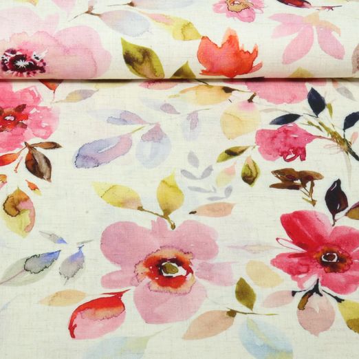 Lin Viscose - Impression numérique Fleurs et feuilles Beige Lin Viscose - Impression numérique Fleurs et feuilles Beige