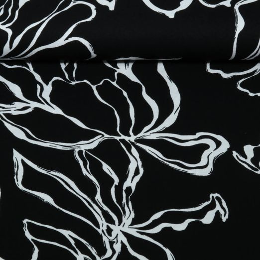 Viskosejersey - Große Blüten Schwarz Weiß