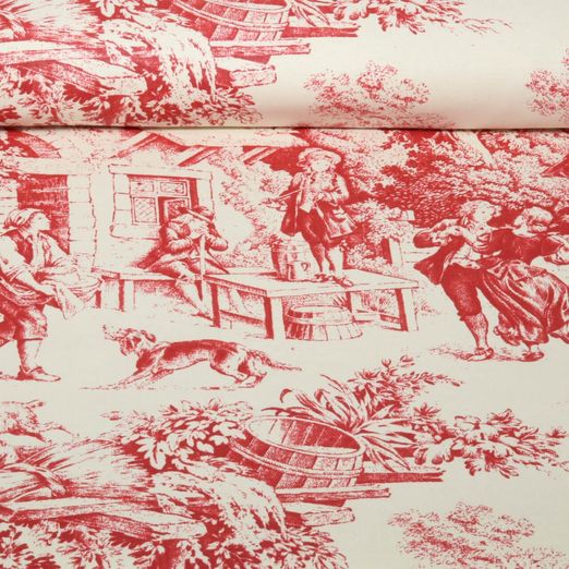 Baumwoll-Canvas - Dorfleben Toile-de-Jouy Beige Rot Baumwoll-Canvas - Dorfleben Toile-de-Jouy Beige Rot
