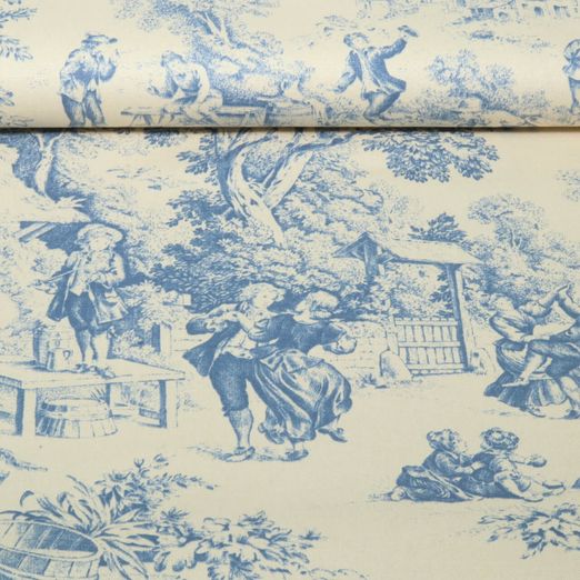 Baumwoll-Canvas - Dorfleben Toile-de-Jouy Beige Blau Baumwoll-Canvas - Dorfleben Toile-de-Jouy Beige Blau