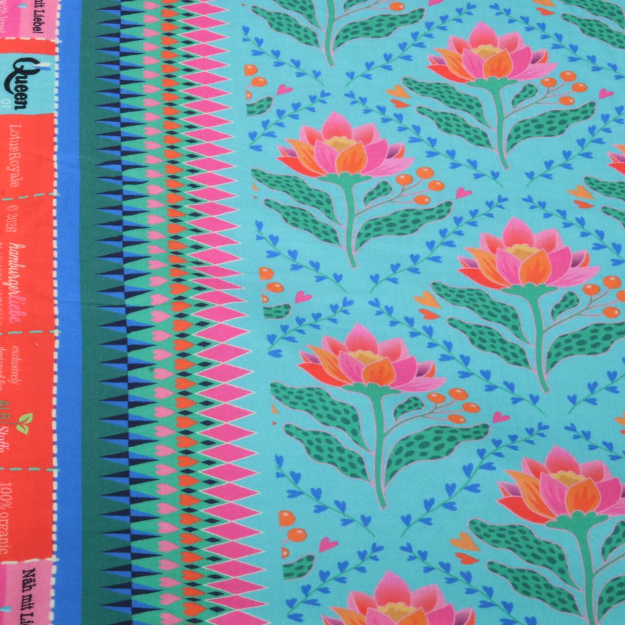 Gaze de coton bio Lisse - HHL Queen Of Hearts Lotus Royal Turquoise-1 Gaze de coton bio Lisse - HHL Queen Of Hearts Lotus Royal Turquoise-1