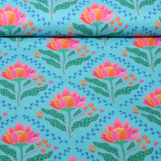 Gaze de coton bio Lisse - HHL Queen Of Hearts Lotus Royal Turquoise Gaze de coton bio Lisse - HHL Queen Of Hearts Lotus Royal Turquoise