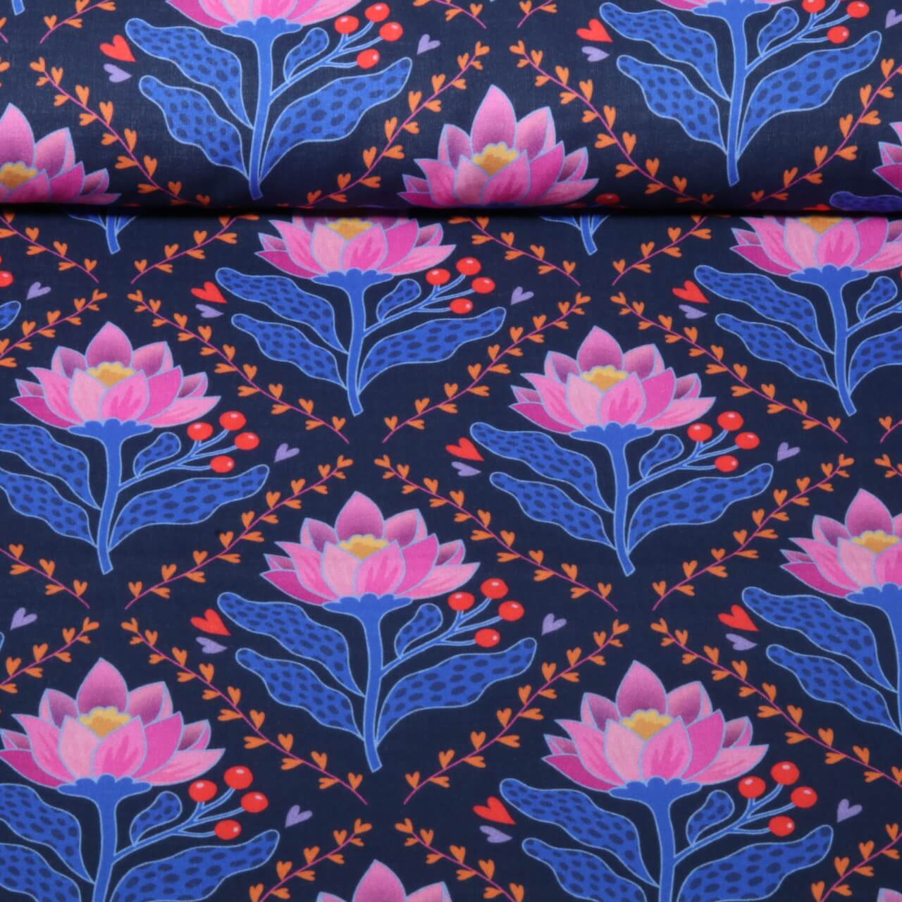 Gaze de coton bio Lisse - HHL Queen Of Hearts Lotus Royal Bleu marine-0 Gaze de coton bio Lisse - HHL Queen Of Hearts Lotus Royal Bleu marine-0