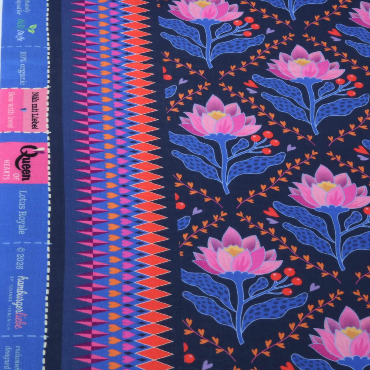 Gaze de coton bio Lisse - HHL Queen Of Hearts Lotus Royal Bleu marine-1 Gaze de coton bio Lisse - HHL Queen Of Hearts Lotus Royal Bleu marine-1