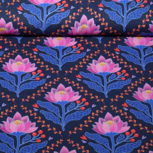 Gaze de coton bio Lisse - HHL Queen Of Hearts Lotus Royal Bleu marine Gaze de coton bio Lisse - HHL Queen Of Hearts Lotus Royal Bleu marine
