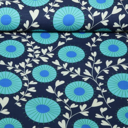Gaze de coton bio Lisse - HHL Queen Of Hearts Court Garden Bleu marine