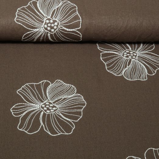 Lin viscose - broderie fleurs Marron Lin viscose - broderie fleurs Marron