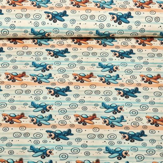 Baumwoll-Popeline - Digital Flugzeuge Beige Blau