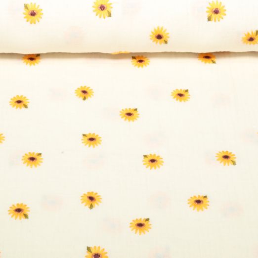 Gaze de coton - broderie tournesols Natural Gaze de coton - broderie tournesols Natural