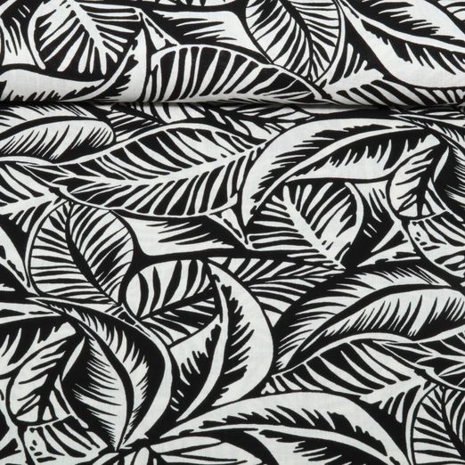 Viscose - Rayon Slub Stretch Feuilles Noir Blanc