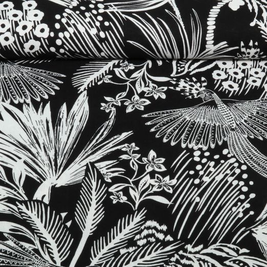 Viscose - Rayon Slub Stretch Mélange de feuilles Noir Blanc
