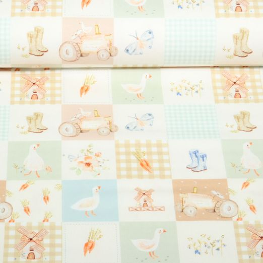 Jersey Little Jax - Digital Patchwork Bauernhof Beige Jersey Little Jax - Digital Patchwork Bauernhof Beige