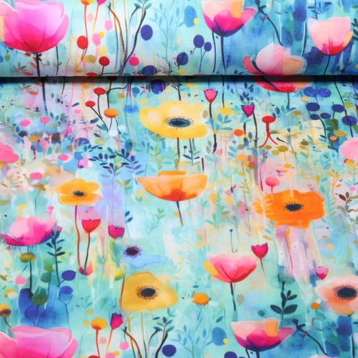 Jersey de viscose - Tulipes multicolores Bleu Multicolore Jersey de viscose - Tulipes multicolores Bleu Multicolore