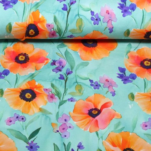 Jersey de viscose - Impression numérique coquelicots Turquoise Jersey de viscose - Impression numérique coquelicots Turquoise