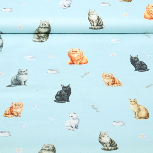 Baumwoll-Webware - Digital Katzen Hellblau Baumwoll-Webware - Digital Katzen Hellblau