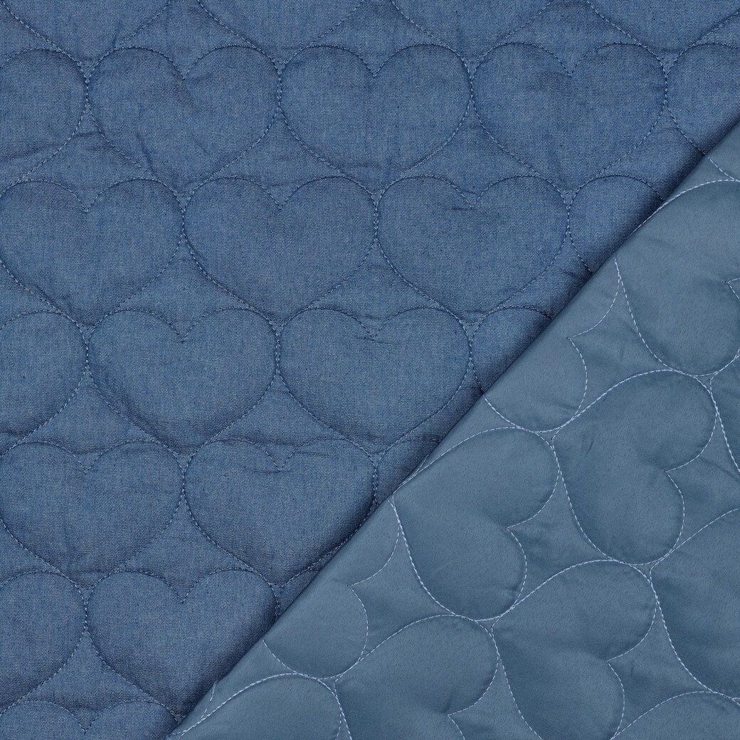 Tissu matelassé pour veste - Coeurs Bleu jeans-1 Tissu matelassé pour veste - Coeurs Bleu jeans-1
