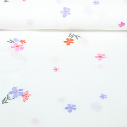 Gaze de coton - Double gaze brodée de fleurs Ecru Bleu Gaze de coton - Double gaze brodée de fleurs Ecru Bleu