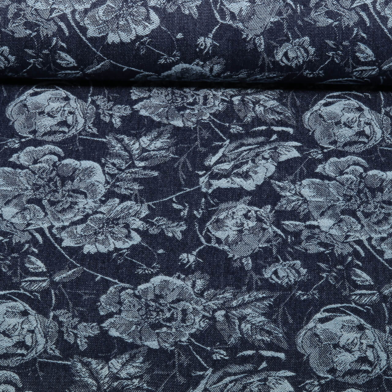 Tissu jeans pantalon - Jacquard Roses Bleu foncé-0 Tissu jeans pantalon - Jacquard Roses Bleu foncé-0