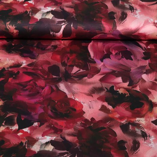 Baumwoll-Satin - Digital Floral Gemalt Bordeaux Baumwoll-Satin - Digital Floral Gemalt Bordeaux