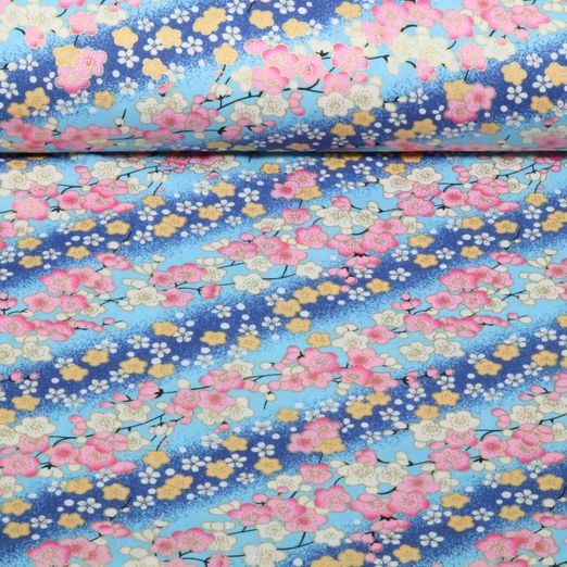 Coton tissé - Fleurs de cerisier Bleu Doré Coton tissé - Fleurs de cerisier Bleu Doré