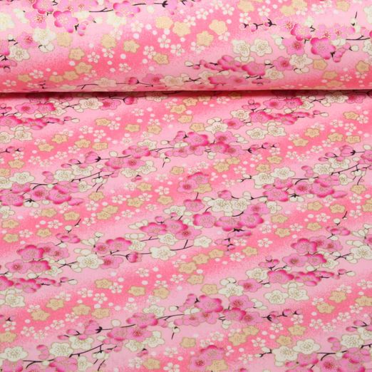 Baumwoll-Webware - Kirschenblüten Rosa Gold