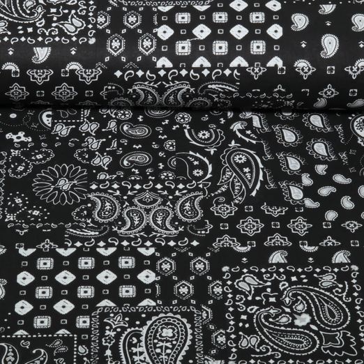 Coton tissé - Paisley Patchwork Noir Blanc
