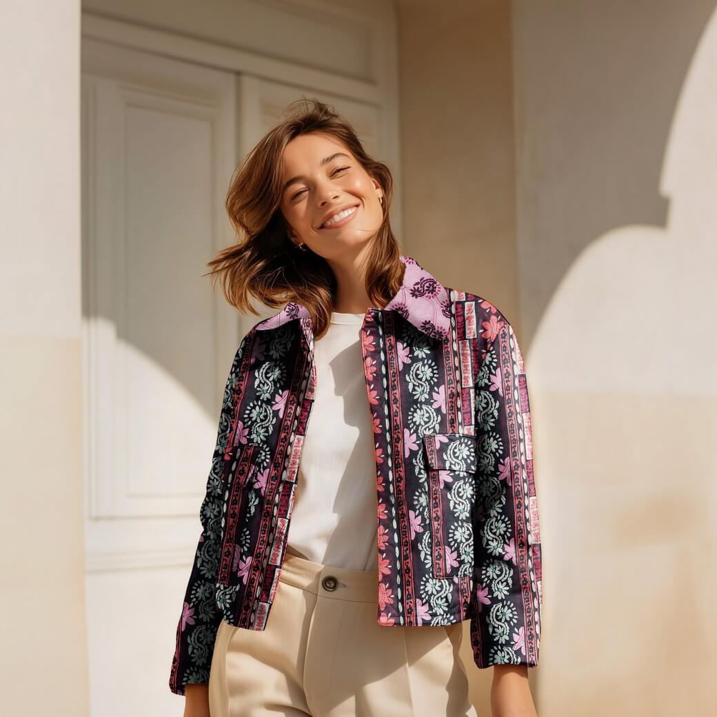 Tissu matelassé pour veste - Double face Impression numérique Fleurs Violet-1 Tissu matelassé pour veste - Double face Impression numérique Fleurs Violet-1