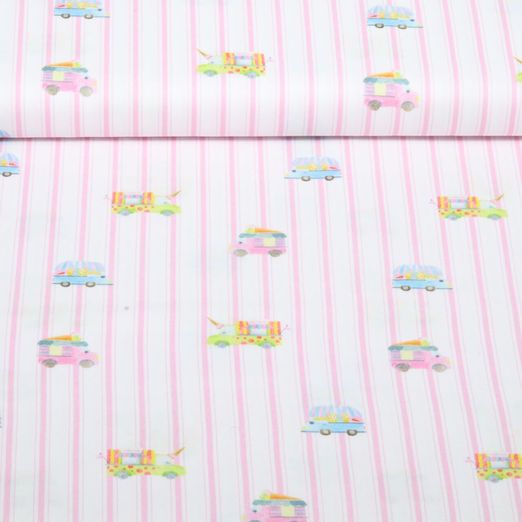 Baumwoll-Webware - Digital Eiswagen Streifen Weiß Rosa Baumwoll-Webware - Digital Eiswagen Streifen Weiß Rosa