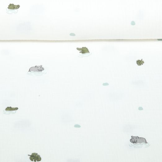 Baumwoll-Musselin - Double Gauze Tiere Im Wasser Ecru Baumwoll-Musselin - Double Gauze Tiere Im Wasser Ecru
