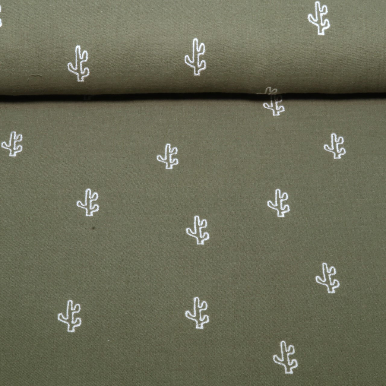 Gaze de coton - Double gaze brodée cactus vert olive-0 Gaze de coton - Double gaze brodée cactus vert olive-0