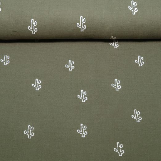 Gaze de coton - Double gaze brodée cactus vert olive Gaze de coton - Double gaze brodée cactus vert olive