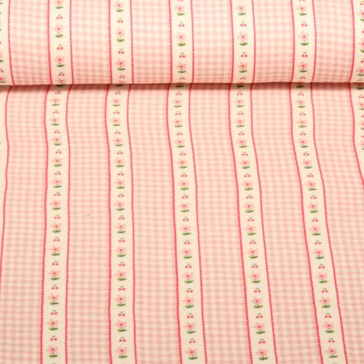 Gaze de coton - carreaux numériques bordure florale Rose Gaze de coton - carreaux numériques bordure florale Rose
