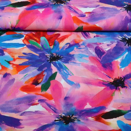 Viscose - Impression numérique Grandes fleurs aquarelles Bleu Ecovero™