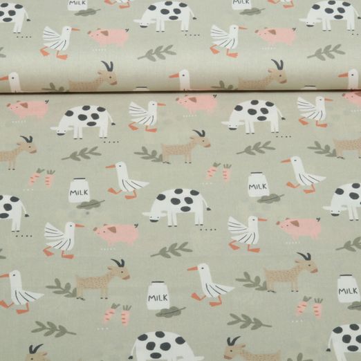 Popeline de coton bio - Animaux de la ferme Beige foncé Popeline de coton bio - Animaux de la ferme Beige foncé