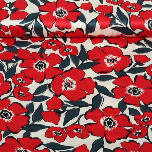 Satin de coton - fleurs Ecru Rouge