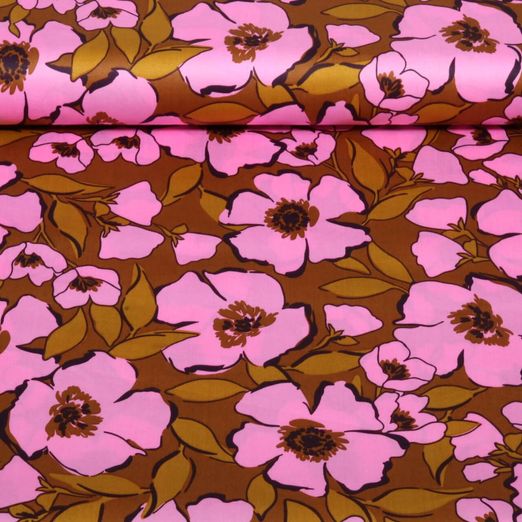 Satin de coton - fleurs Caramel Rose Satin de coton - fleurs Caramel Rose