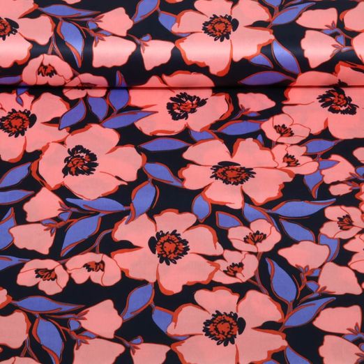 Satin de coton - fleurs Bleu marine saumon Satin de coton - fleurs Bleu marine saumon
