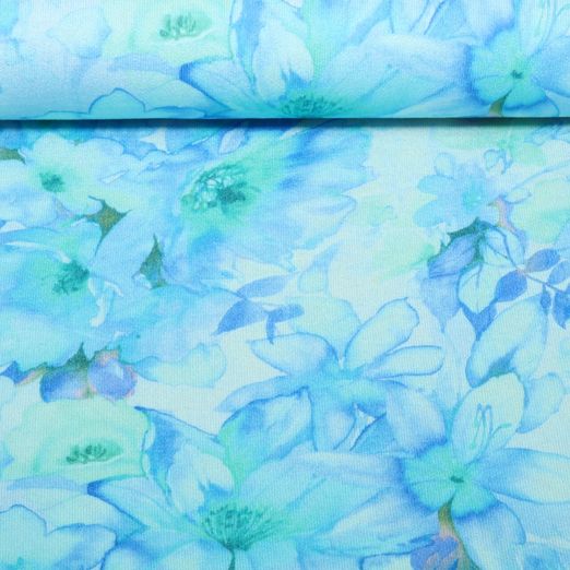 Tricot viscose - Impression numérique fleurs aquarelles Aqua