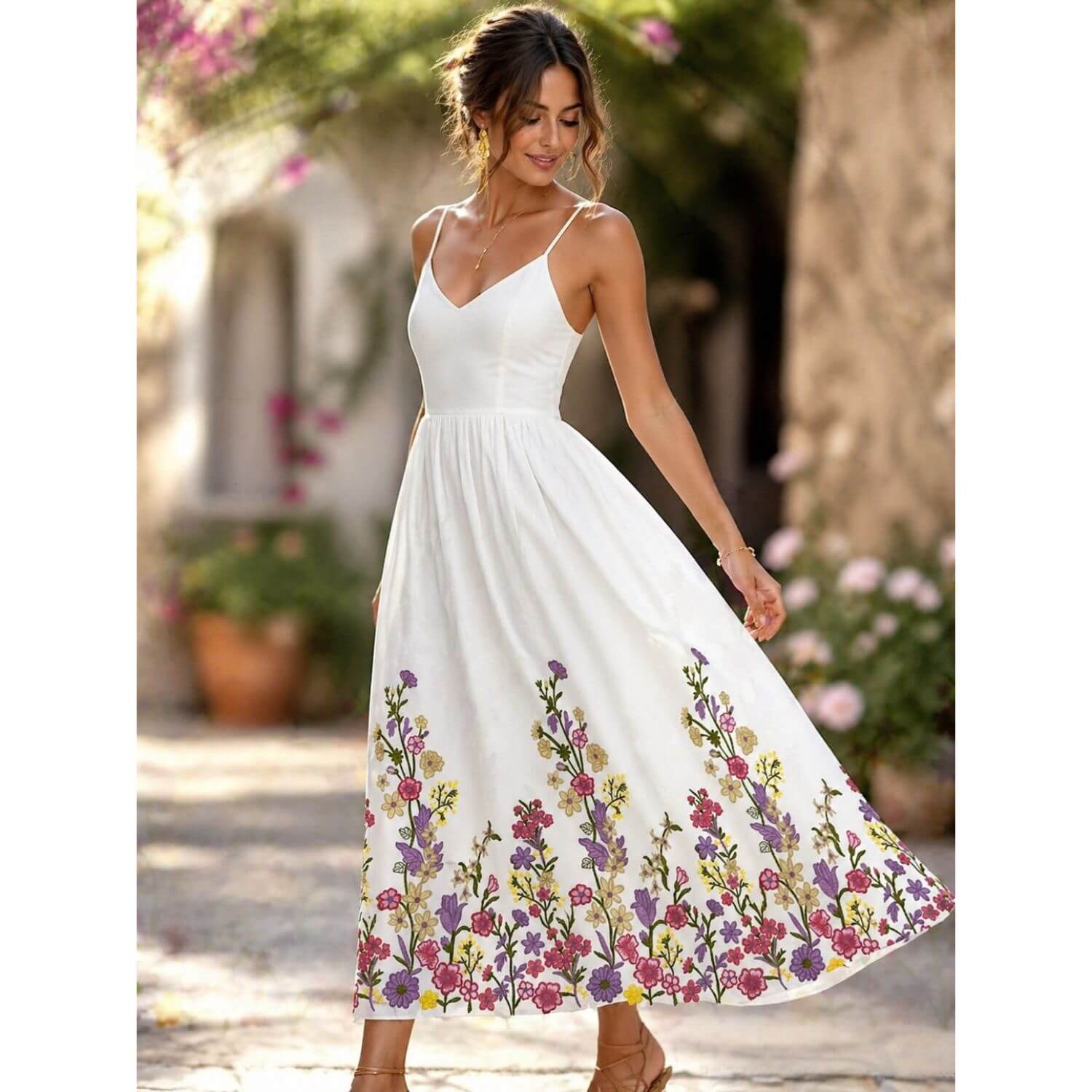 Popeline de coton - Broderie de fleurs Blanc Multicolore-1 Popeline de coton - Broderie de fleurs Blanc Multicolore-1