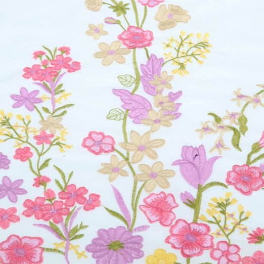 Popeline de coton - Broderie de fleurs Blanc Multicolore Popeline de coton - Broderie de fleurs Blanc Multicolore