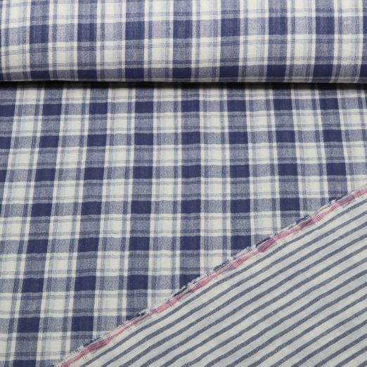 Musselin - Doubleface Karo Streifen Beige Blau