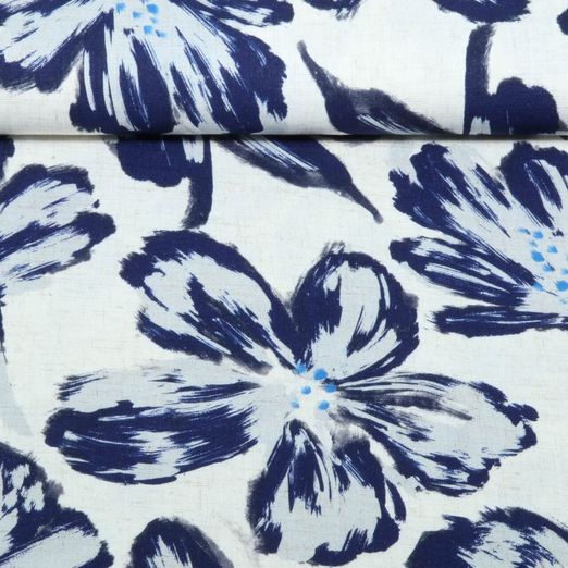 Lin viscose - Impression numérique Grandes fleurs Beige Bleu Lin viscose - Impression numérique Grandes fleurs Beige Bleu
