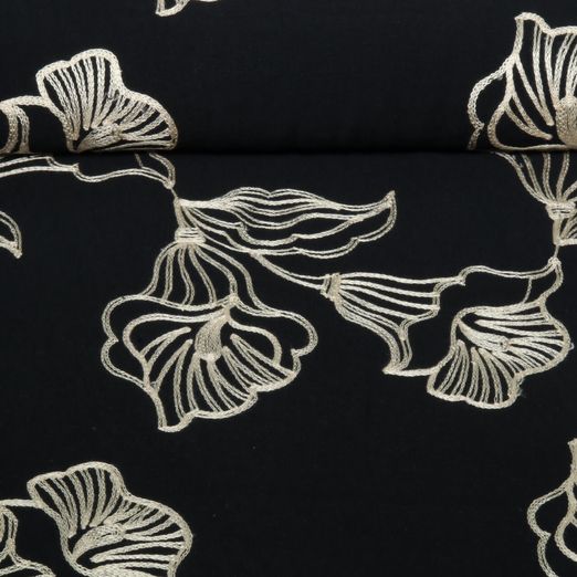 Blusen- & Kleiderstoff - Bestickt Große Blüten Schwarz Blusen- & Kleiderstoff - Bestickt Große Blüten Schwarz