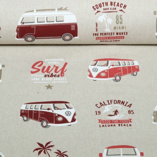 Toile - VW Combi Van California Paradise Beige Rouge aspect lin Toile - VW Combi Van California Paradise Beige Rouge aspect lin