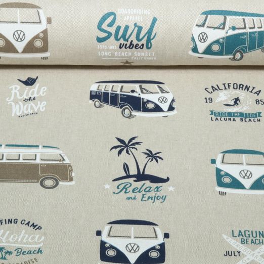 Toile - VW Combi Van California Paradise Beige Bleu pétrole