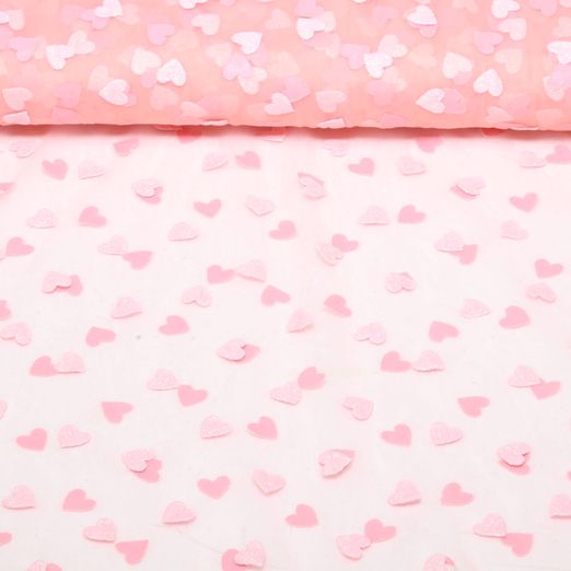 Tulle souple - Imprimé floqué Coeurs scintillants Rose
